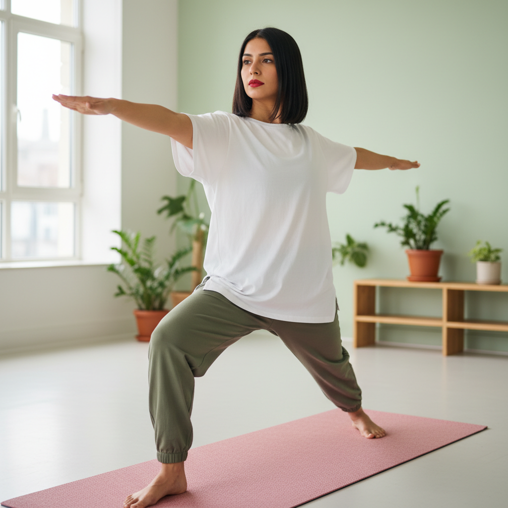 Woman in warrior yoga pose demonstrating strength and balance for hormonal health