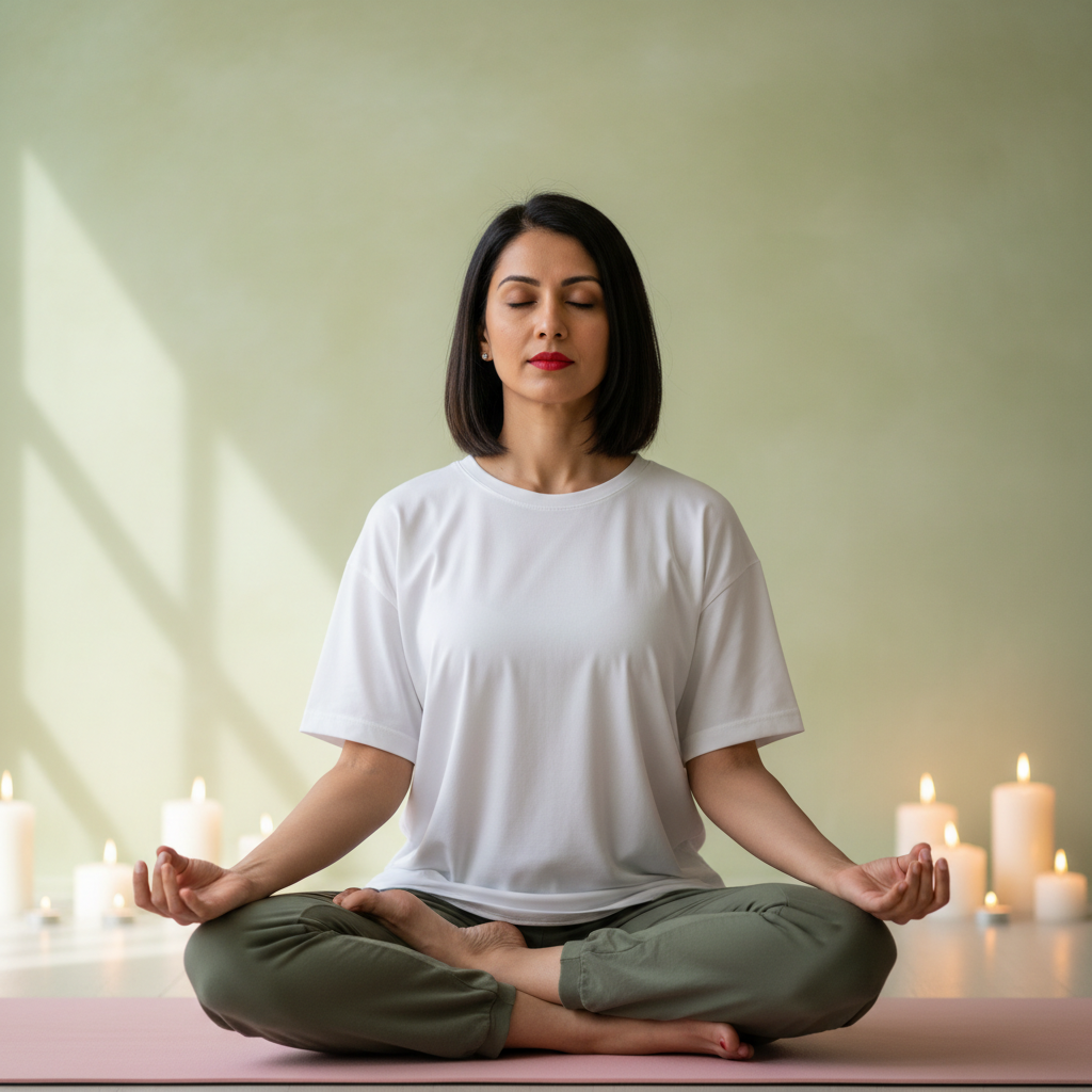 Woman in lotus meditation pose representing postnatal recovery and mindfulness