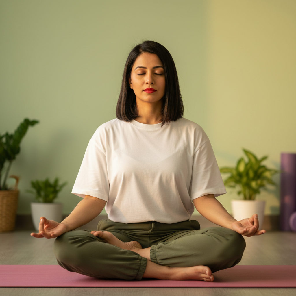 Woman practicing pranayama breathwork in a meditative seated position
