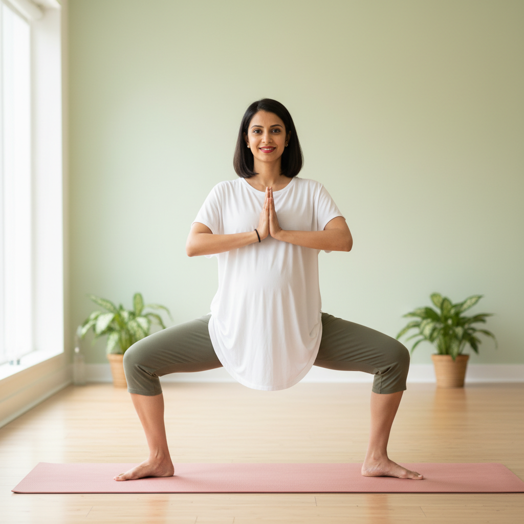 Pregnant woman practicing gentle prenatal yoga pose in a calm studio setting