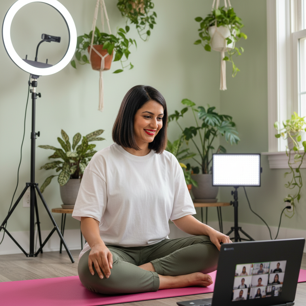 Yoga instructor demonstrating therapeutic back pain relief poses in an online session
